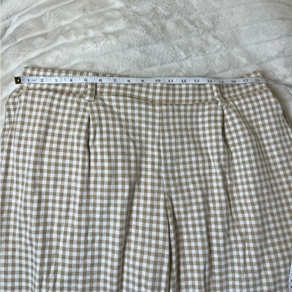 Lands End XL Tan White Gingham Plaid Wide Leg Crop Pull On Casual Coastal Pants